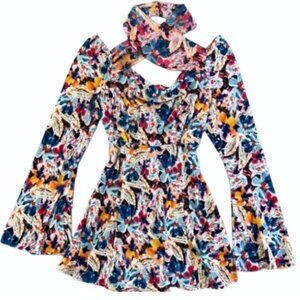 For Love & Lemons Blake Floral Cutout Mini Dress Multi M Long Sleeve Statement